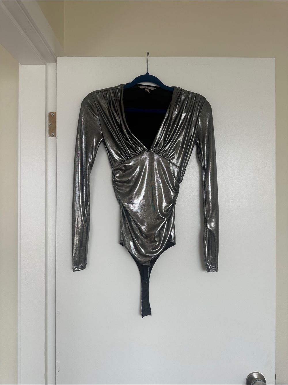 Metallic Silver Long-Sleeve V-Neck Bodysuit